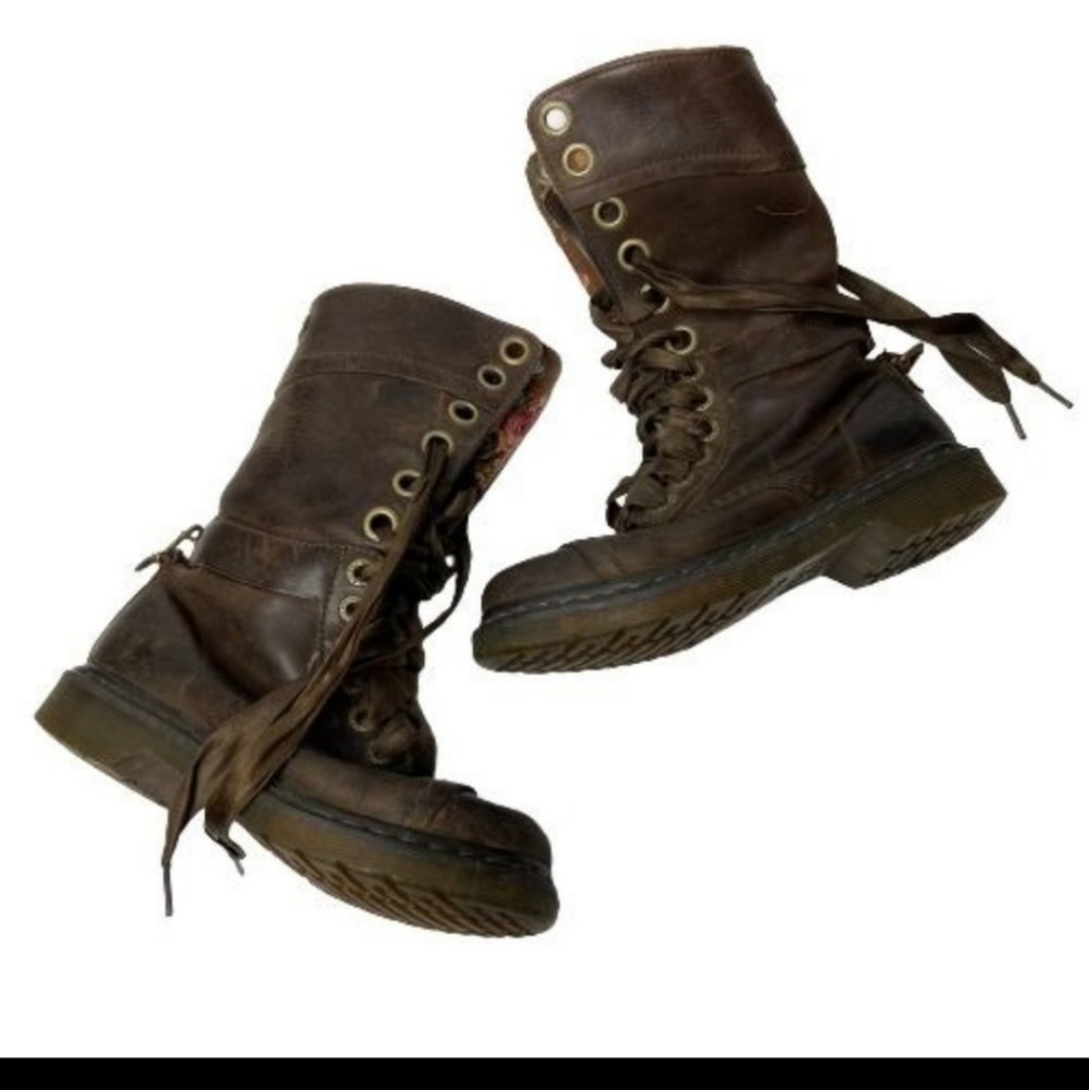 Dr. Martens RARE Brown Triumph Leather Combat Lace Up Floral LinedBoots